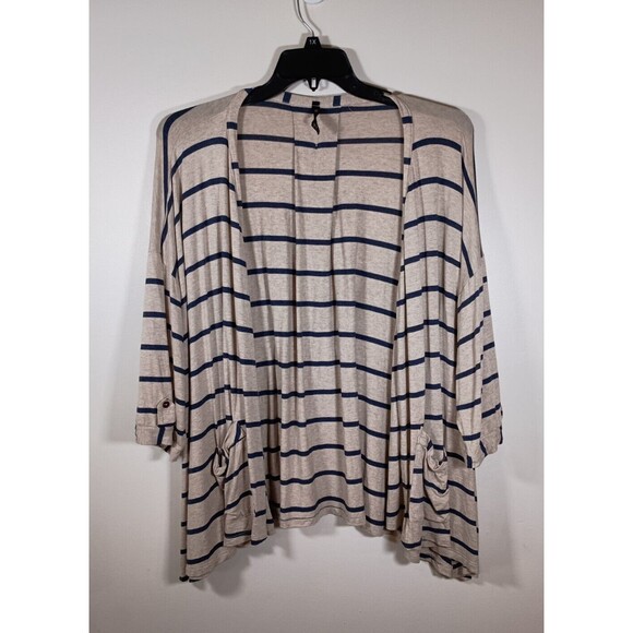 IC by Connie K Striped Tan Navy Pockets Drape Open Cardigan Lagenlook Size XL - Picture 1 of 7